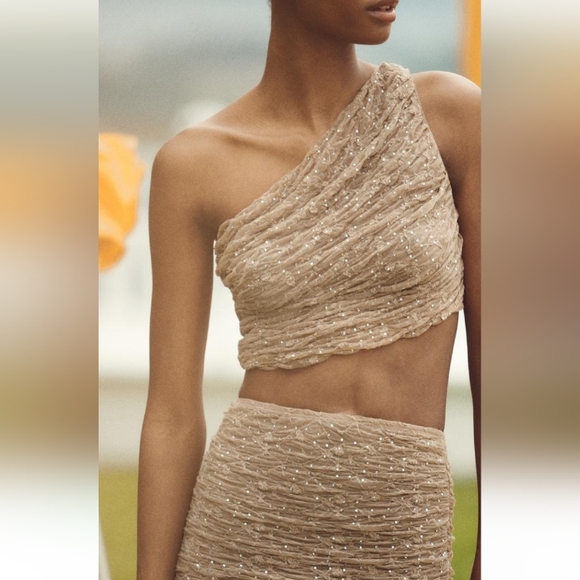 ZARA SHINY LACE ASYMPTOMATIC CROP BEIGE TOP - Picture 1 of 4